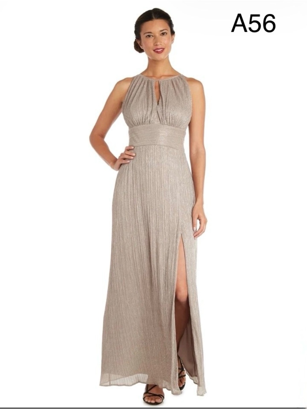 R&M Richards Metallic Taupe Halter Maxi Gown with Side Slit, Size 12